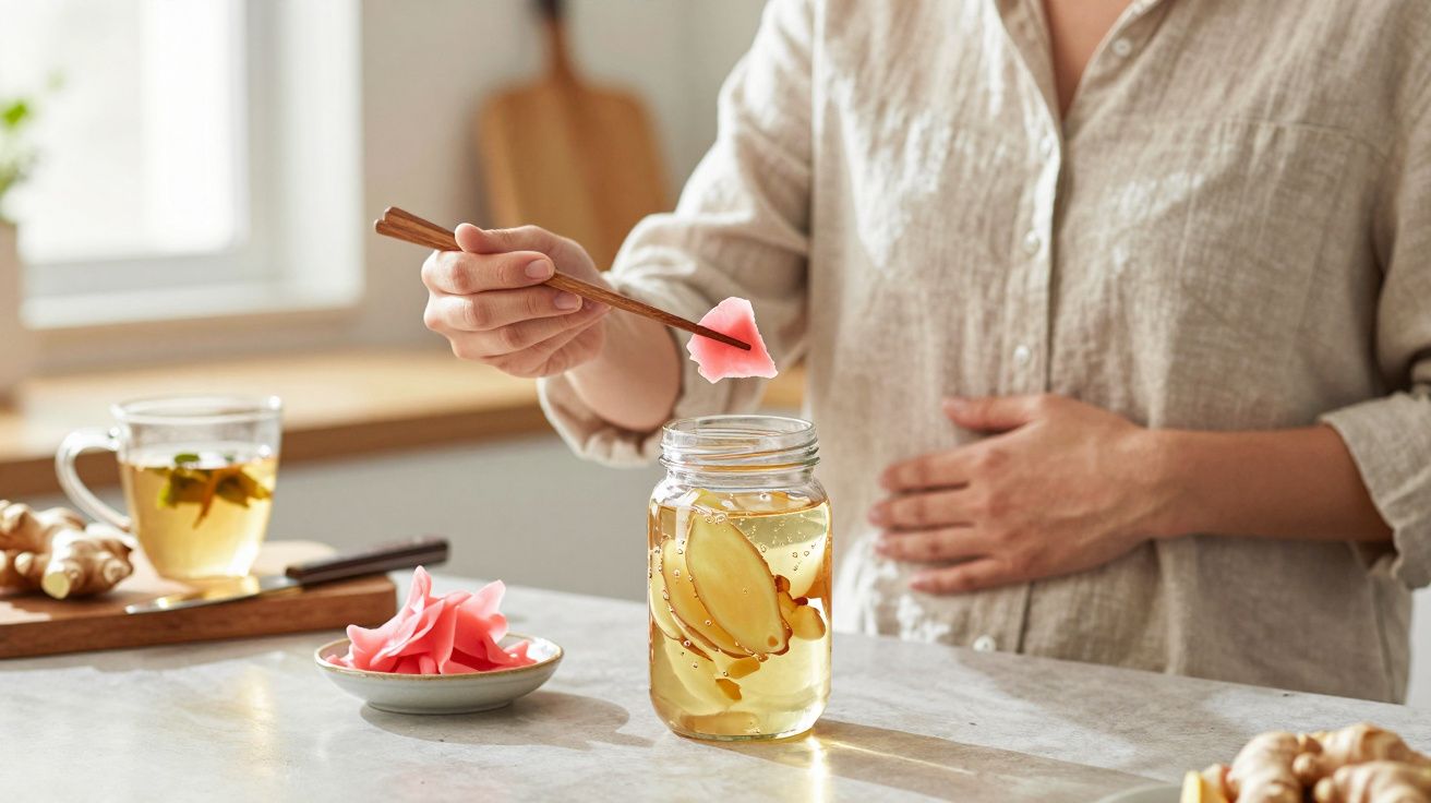 Pessoa a preparar chá de gengibre e a usar pauzinhos para colocar conserva em jarro de vidro na cozinha.