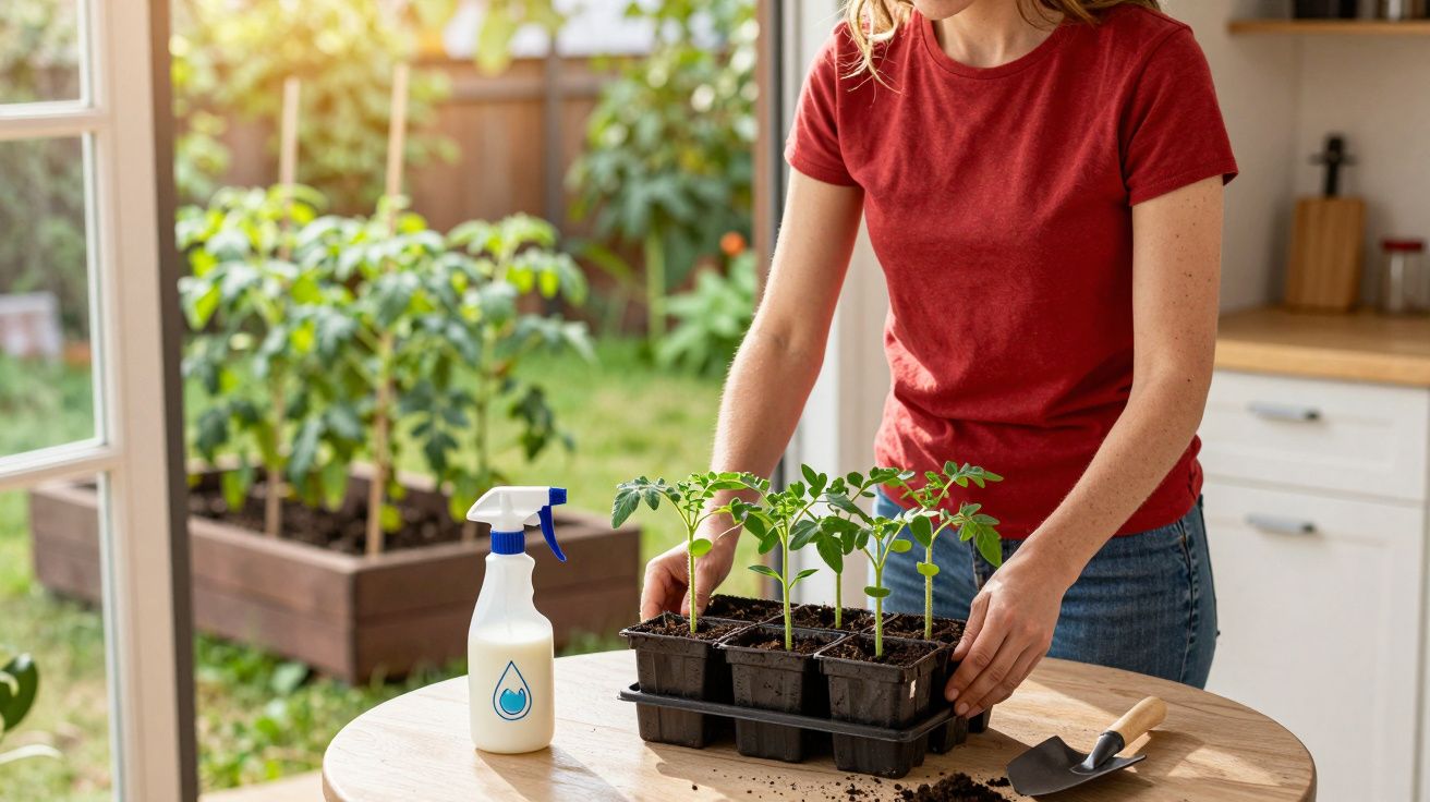Pessoa a cuidar de plantas jovens numa bandeja preta, ao lado de um pulverizador branco numa mesa redonda.