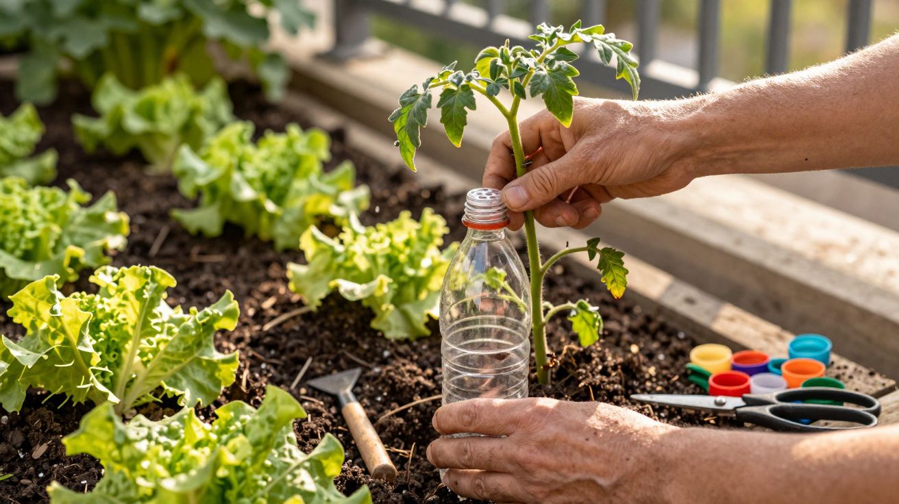 Mãos a plantar muda de tomate num garrafão plástico adaptado em canteiro de hortaliças ao ar livre.