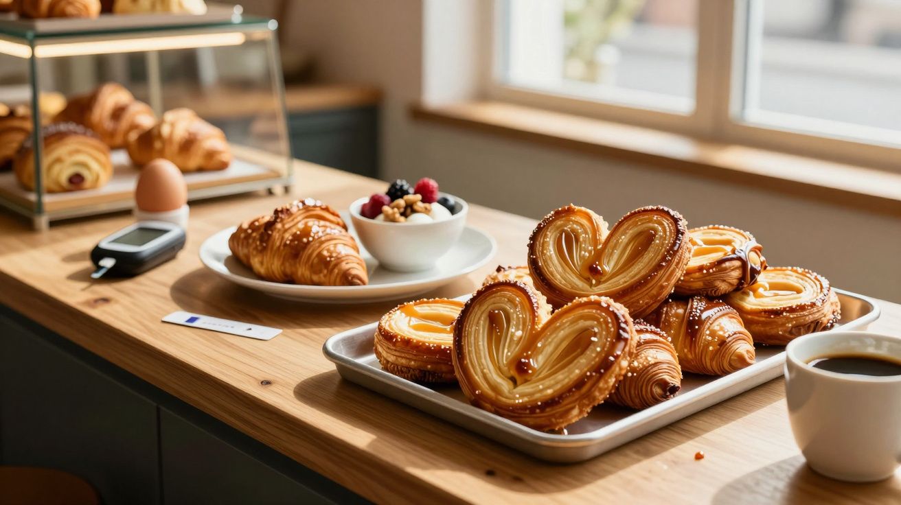 Seleção de pastéis e croissants numa bancada de madeira, com café, ovos e fruta numa cozinha iluminada.