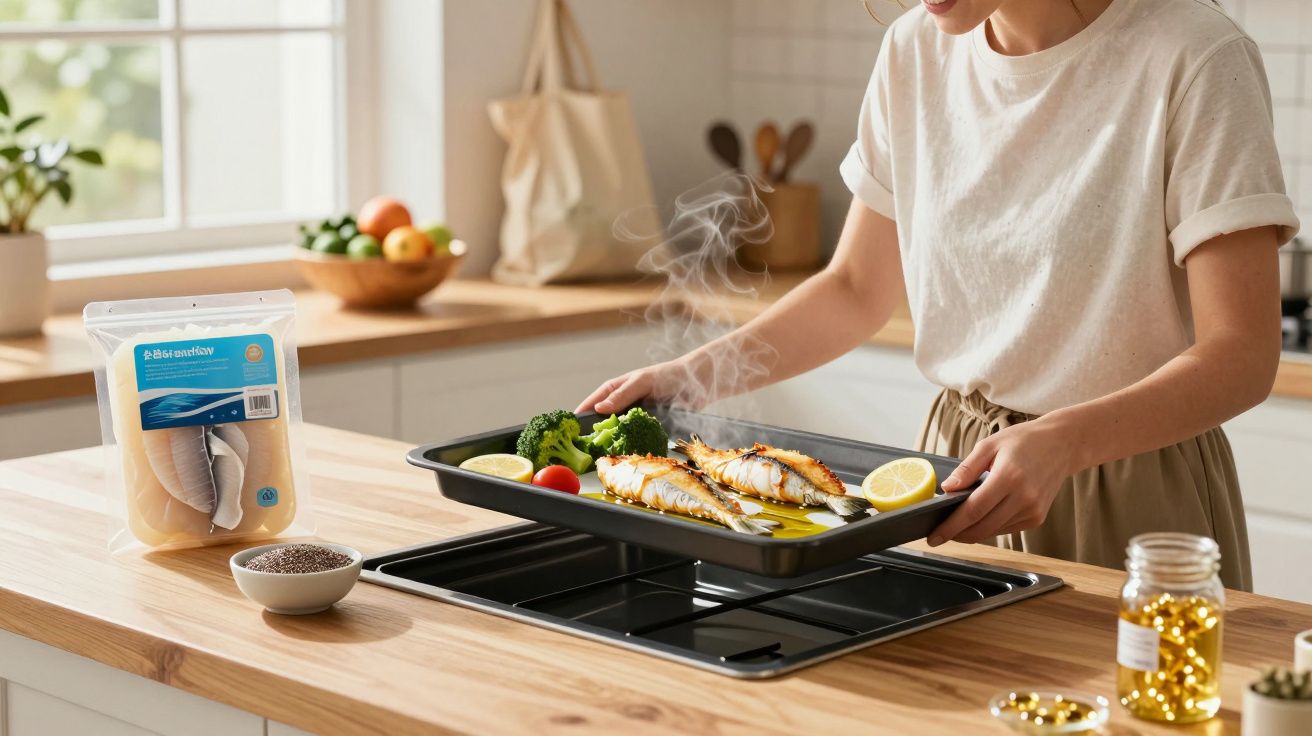 Mulher segura tabuleiro com peixe grelhado, brócolos e limão numa cozinha moderna.