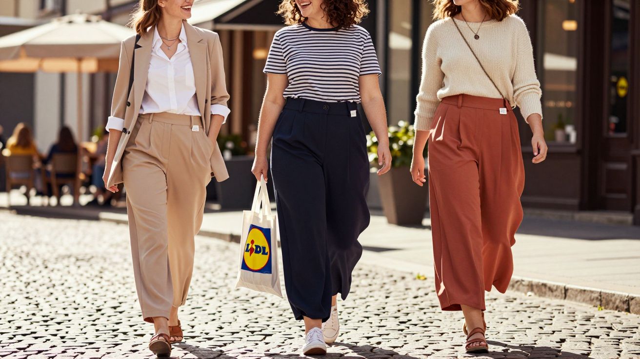 Três mulheres a caminhar numa rua de calçada com roupas casuais e saco de compras Lidl.