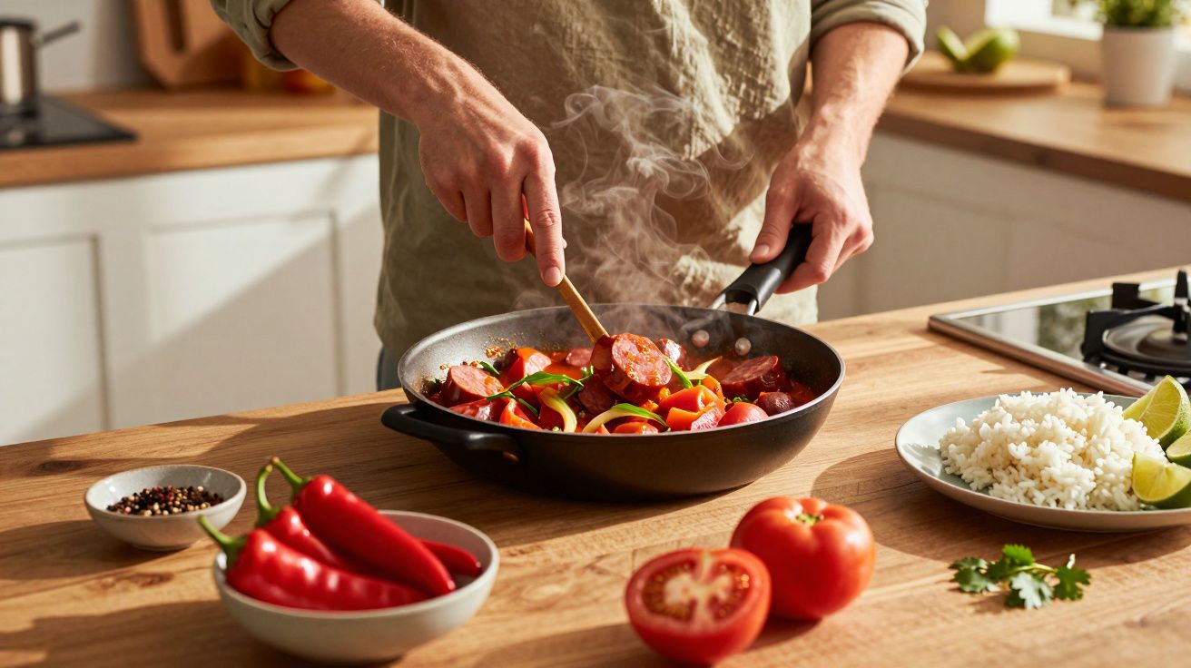 Pessoa a cozinhar legumes e chouriço numa frigideira, com arroz e limão numa mesa de madeira.