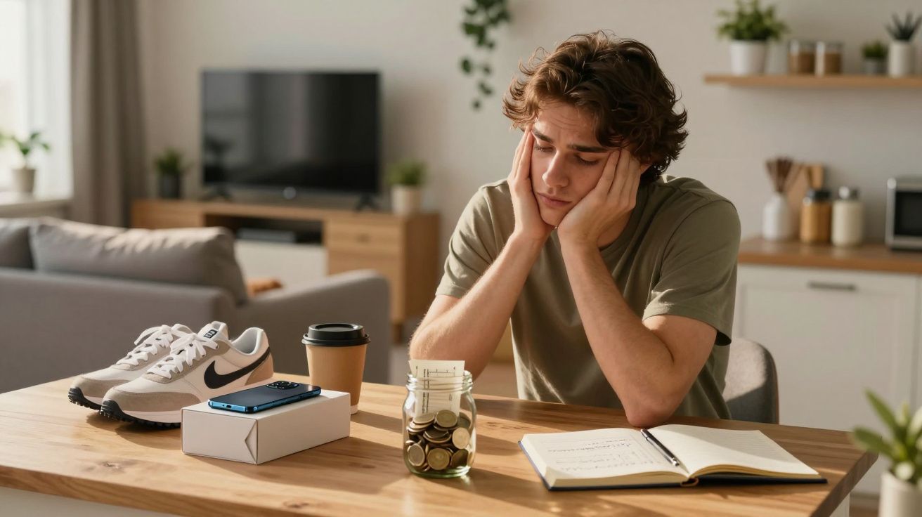 Jovem preocupado sentado à mesa com moedas, caderno aberto, sapatos, telemóvel e café numa casa.