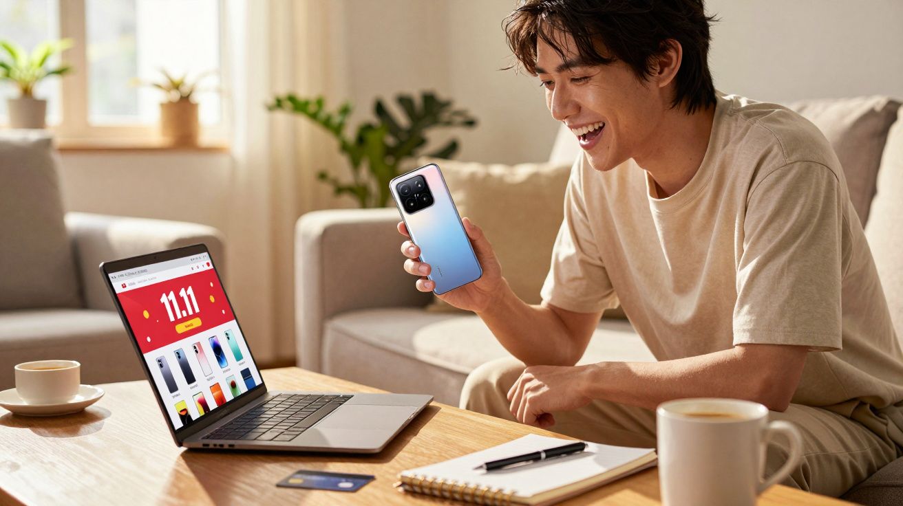 Homem sorridente segura smartphone com ecrã de laptop a mostrar promoções numa sala iluminada.