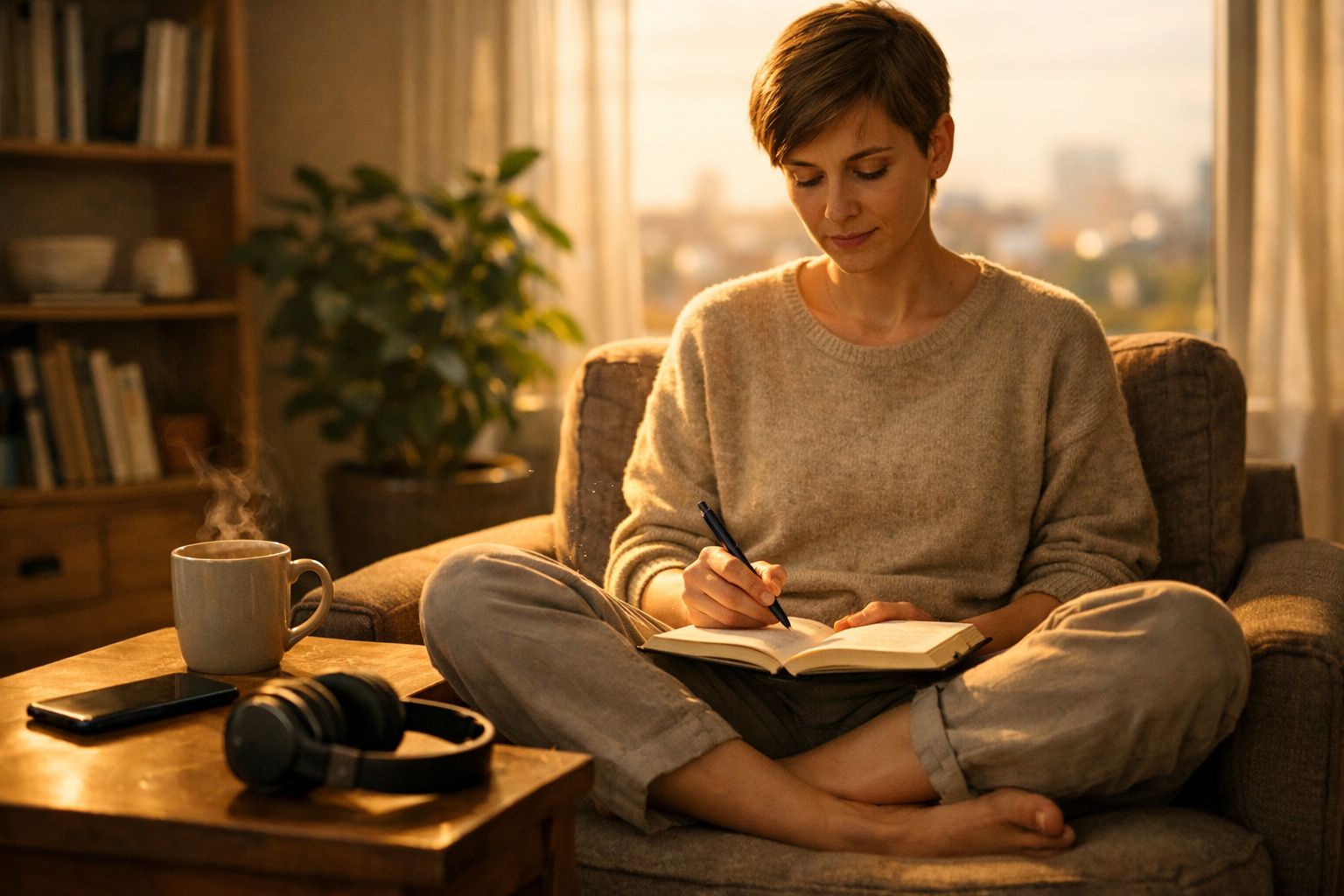Mulher sentada no sofá a escrever num caderno, com chá quente, auscultadores e telemóvel numa mesa à frente.