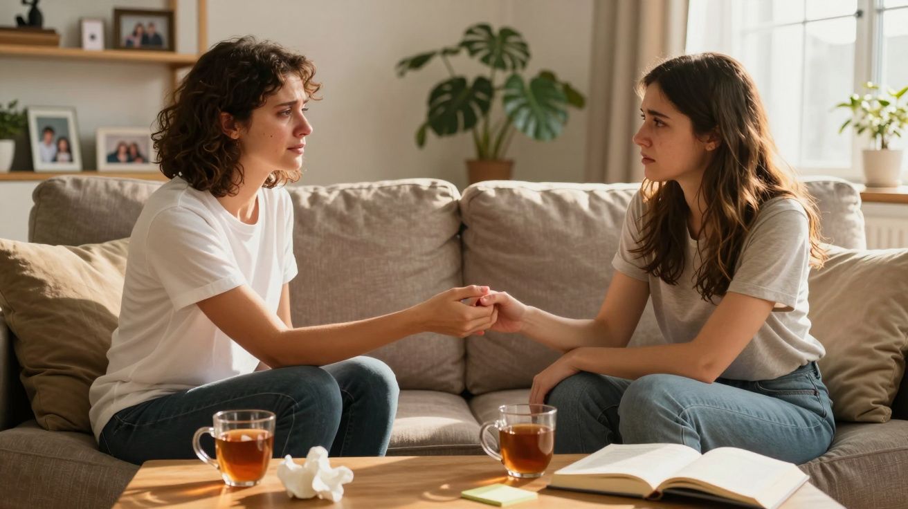 Duas mulheres sentadas no sofá, uma consola a outra, com chá e livro na mesa à frente.