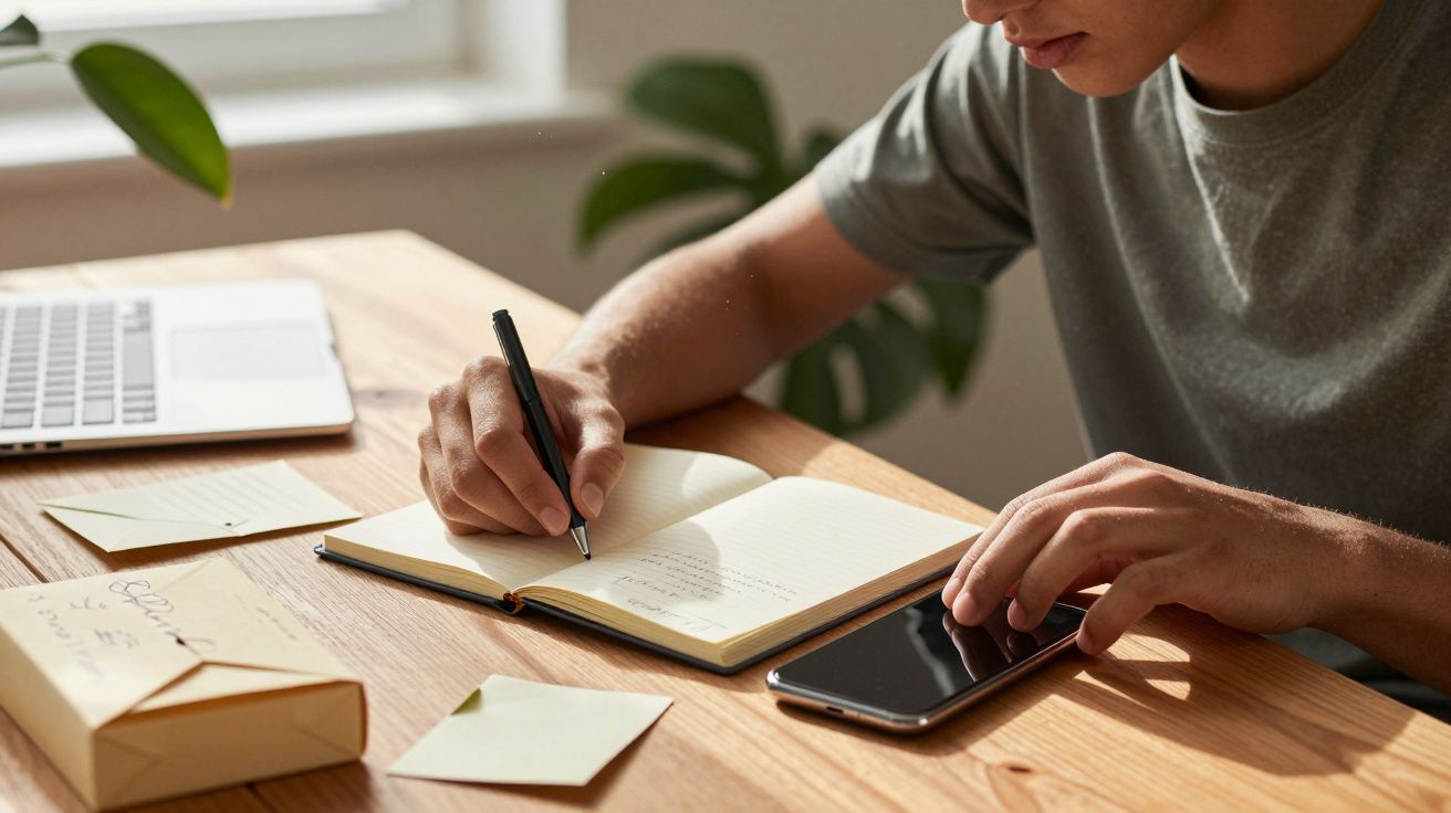Pessoa a escrever num caderno enquanto consulta o telemóvel, com portátil e cartas numa mesa de madeira.