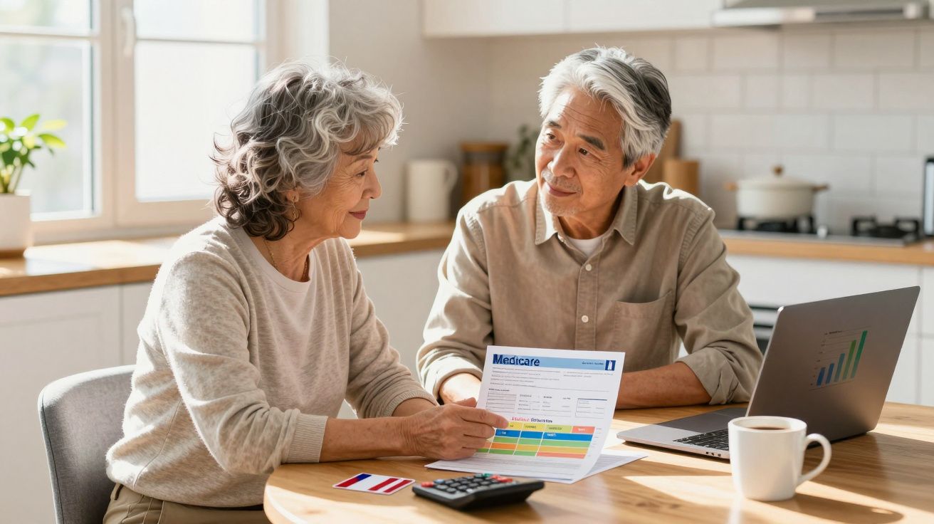 Casal sénior sentado à mesa em casa, a analisar documentos financeiros com computador portátil aberto.