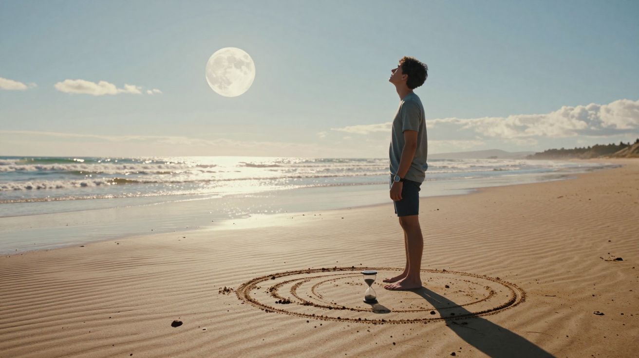 Jovem descalço na praia ao amanhecer, a olhar para a lua, com círculos desenhados na areia e uma ampulheta.