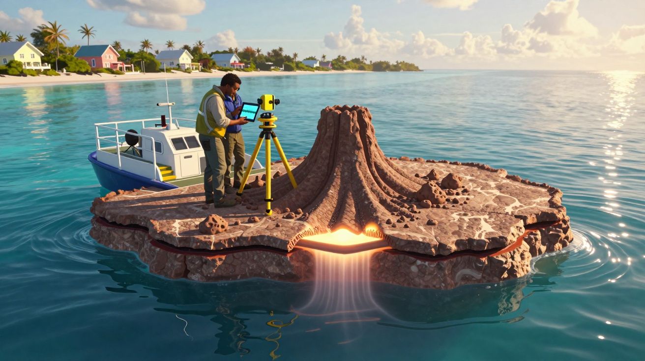 Geólogo a analisar ilha vulcânica com lava quente emergindo, com barco e casas ao fundo na água calma.