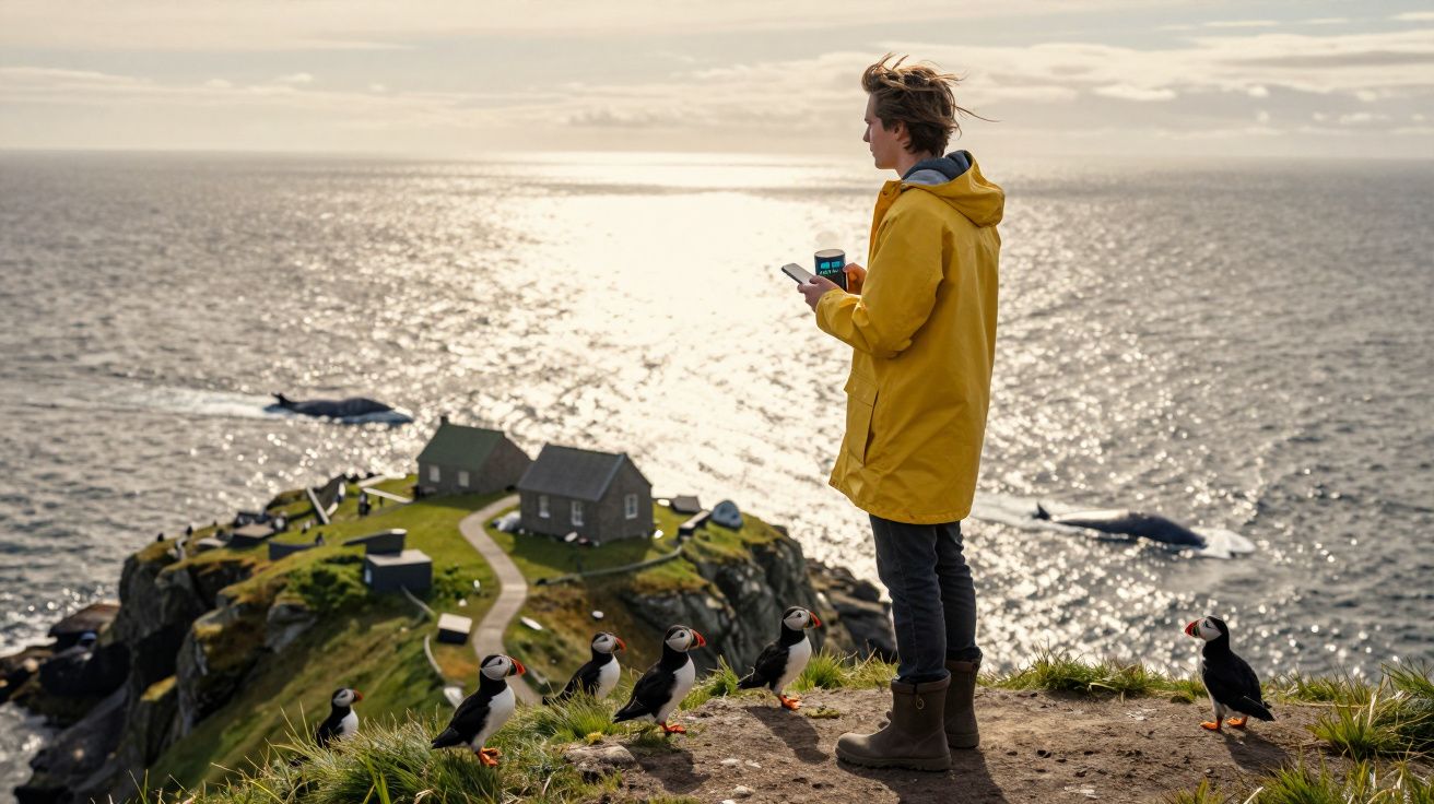 Pessoa de casaco amarelo observa papagaios-do-mar numa falésia com casas e baleias ao fundo no oceano.