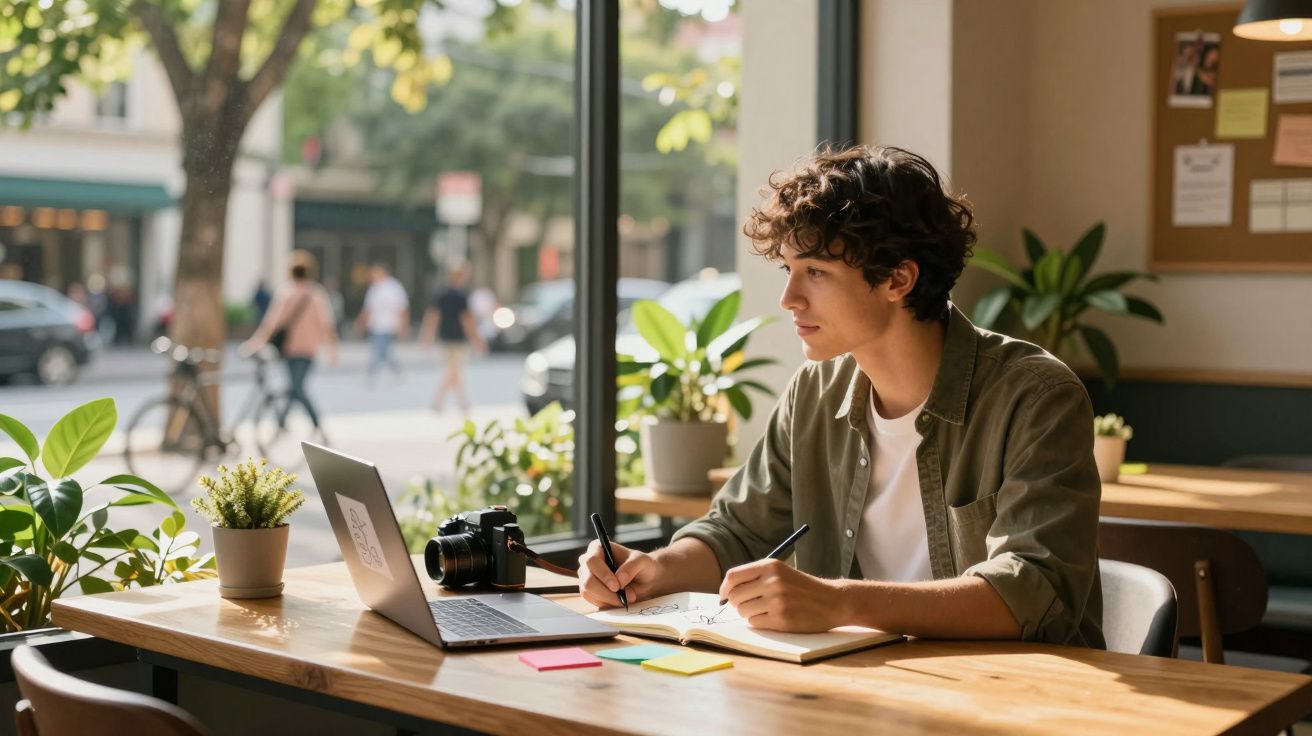 Jovem sentado à mesa com caderno, caneta, portátil e câmara numa cafetaria iluminada pela luz natural.