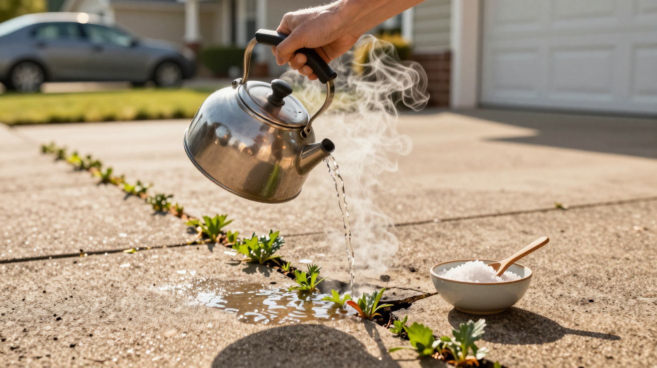Pessoa a despejar água quente de um bule para eliminar ervas daninhas numa calçada com sal ao lado.