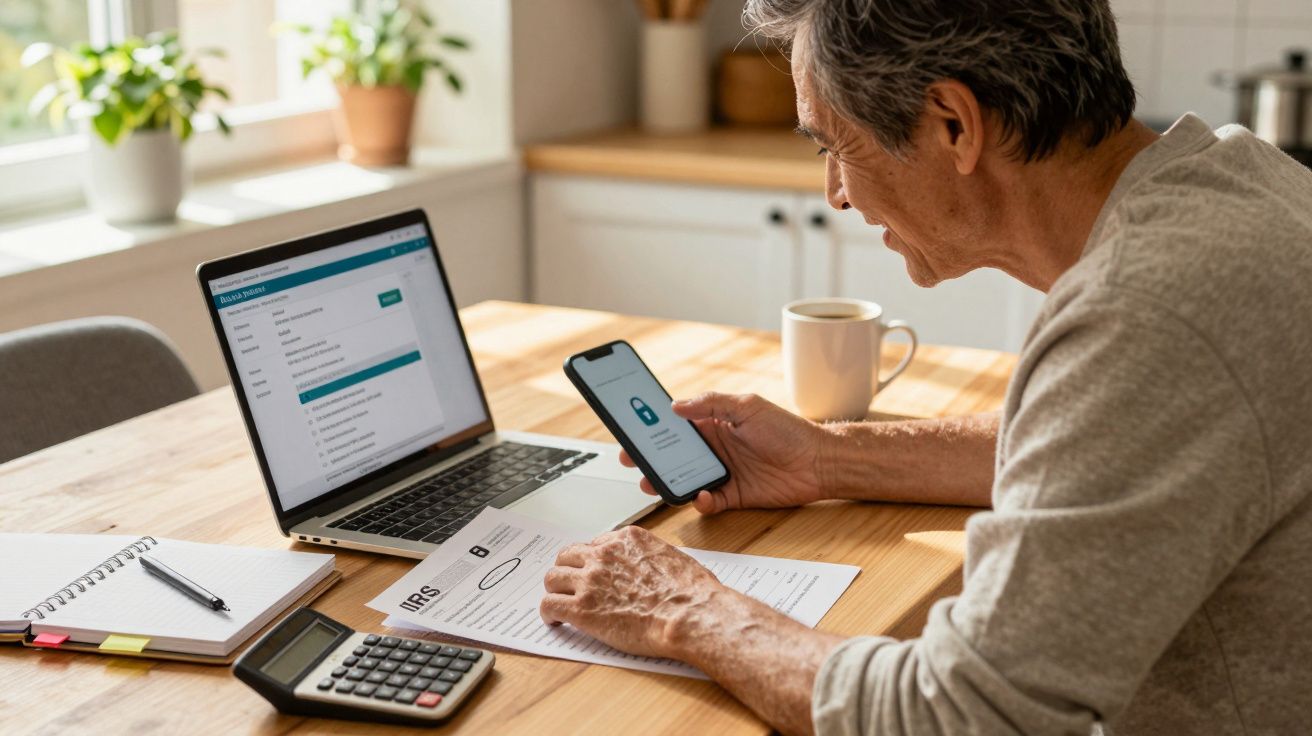 Homem sénior a consultar documentos na mesa com portátil, telemóvel e calculadora numa cozinha iluminada.