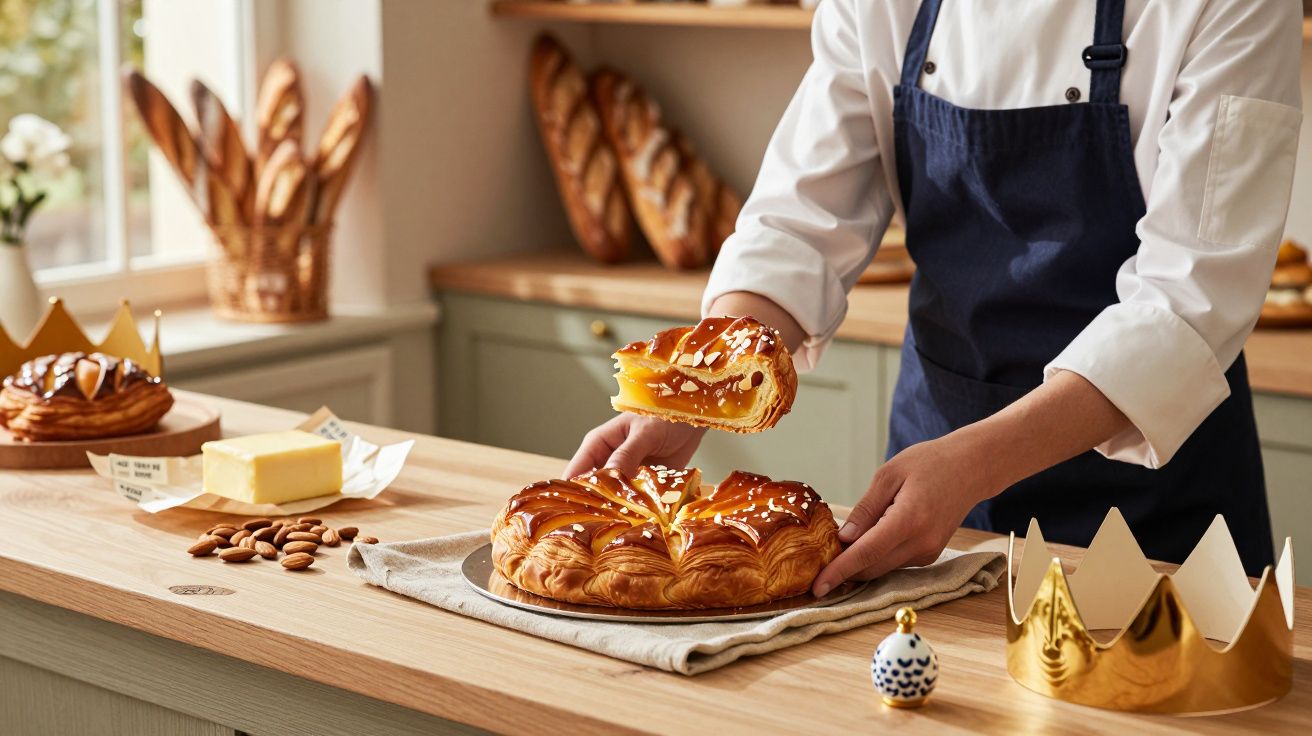 Pessoa a cortar um bolo folhado tradicional num balcão com coroas de papel douradas e amêndoas.