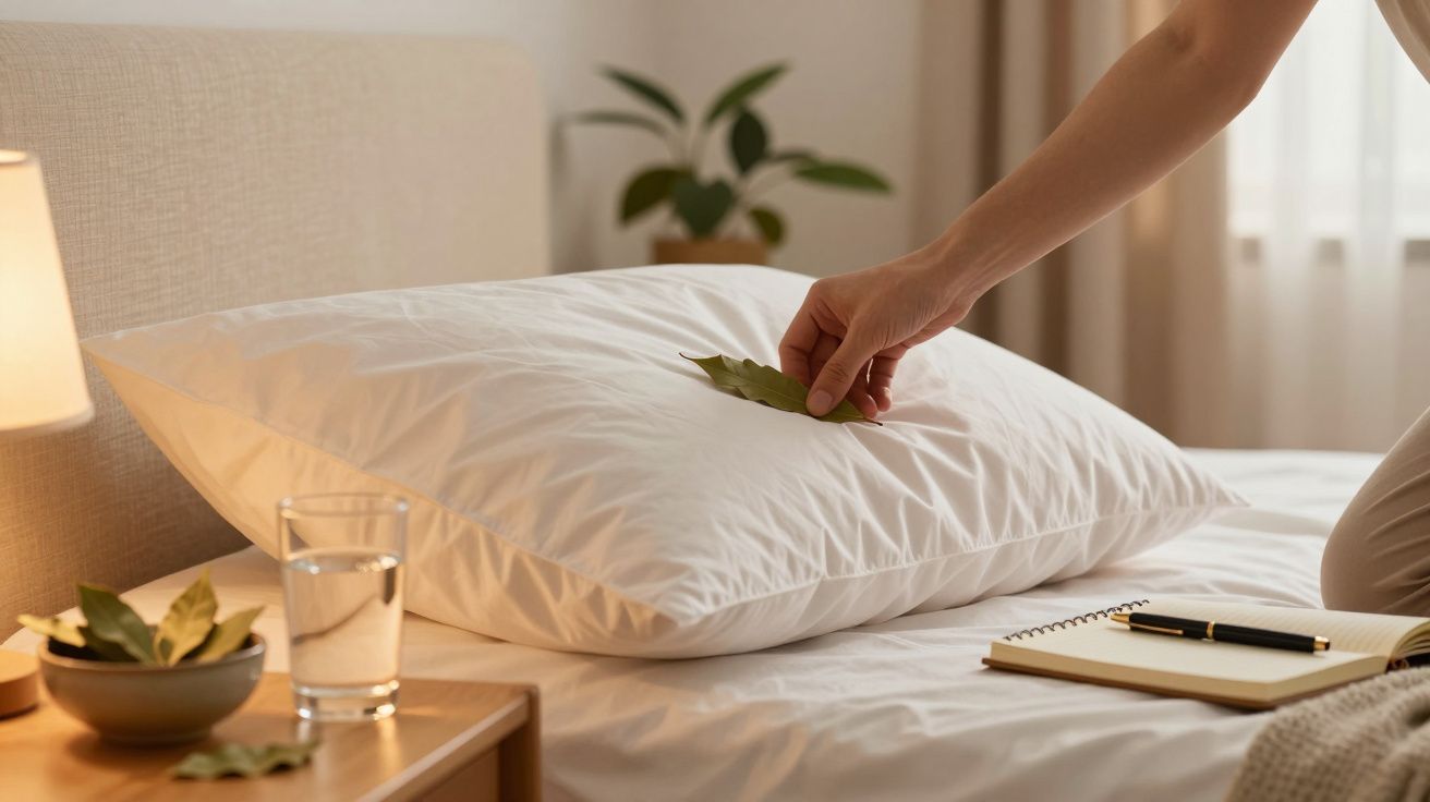 Mão colocando folha num travesseiro branco, com copo de água e caderno numa mesa ao lado da cama.