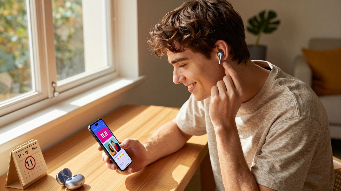 Jovem sorridente usa auricular sem fios enquanto verifica o telemóvel junto a uma janela iluminada.