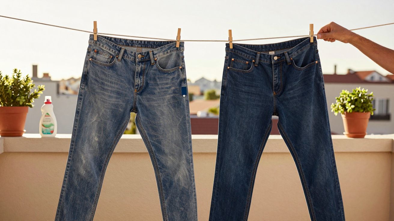 Dois pares de calças de ganga pendurados num estendal ao ar livre, com um braço a esticar uma das calças.
