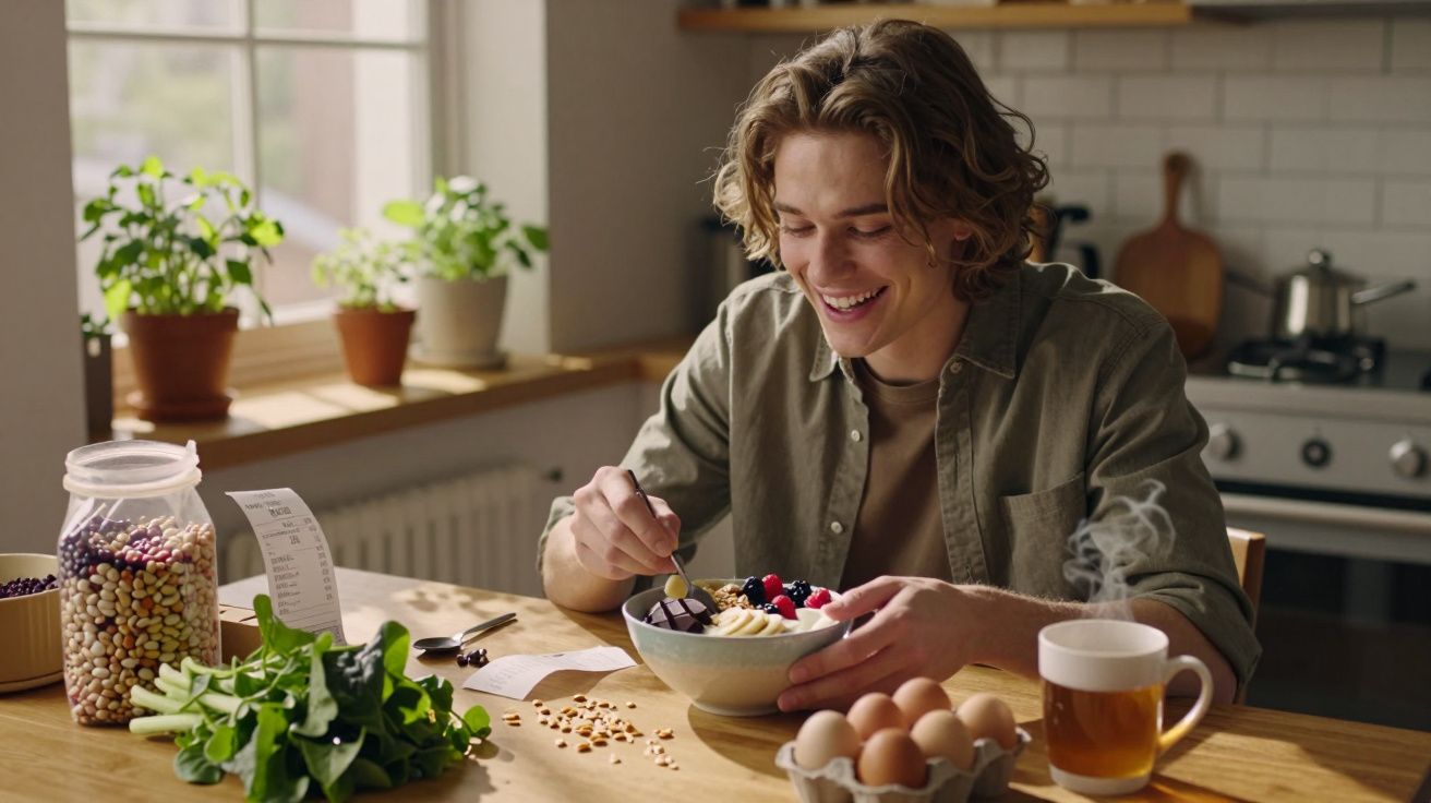 Jovem sorridente a comer uma taça de fruta fresca e iogurte numa cozinha acolhedora.