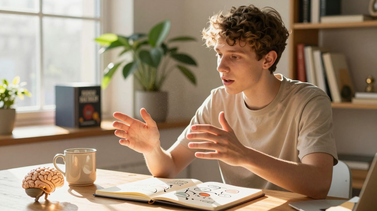 Jovem sentado a explicar desenhos num caderno aberto, com cérebro modelado e caneca numa mesa iluminada.