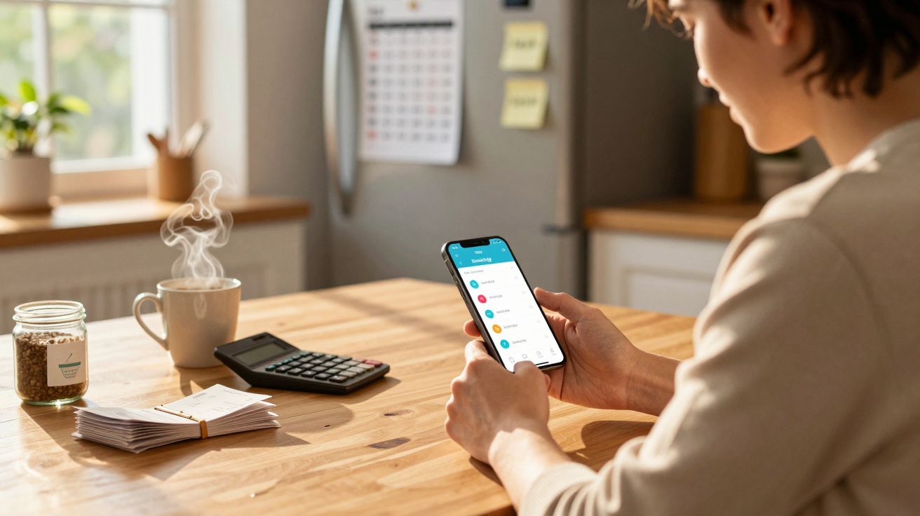 Pessoa a usar telemóvel para gerir finanças numa mesa com calculadora, papéis, café quente e frasco de manteiga de amendoim.