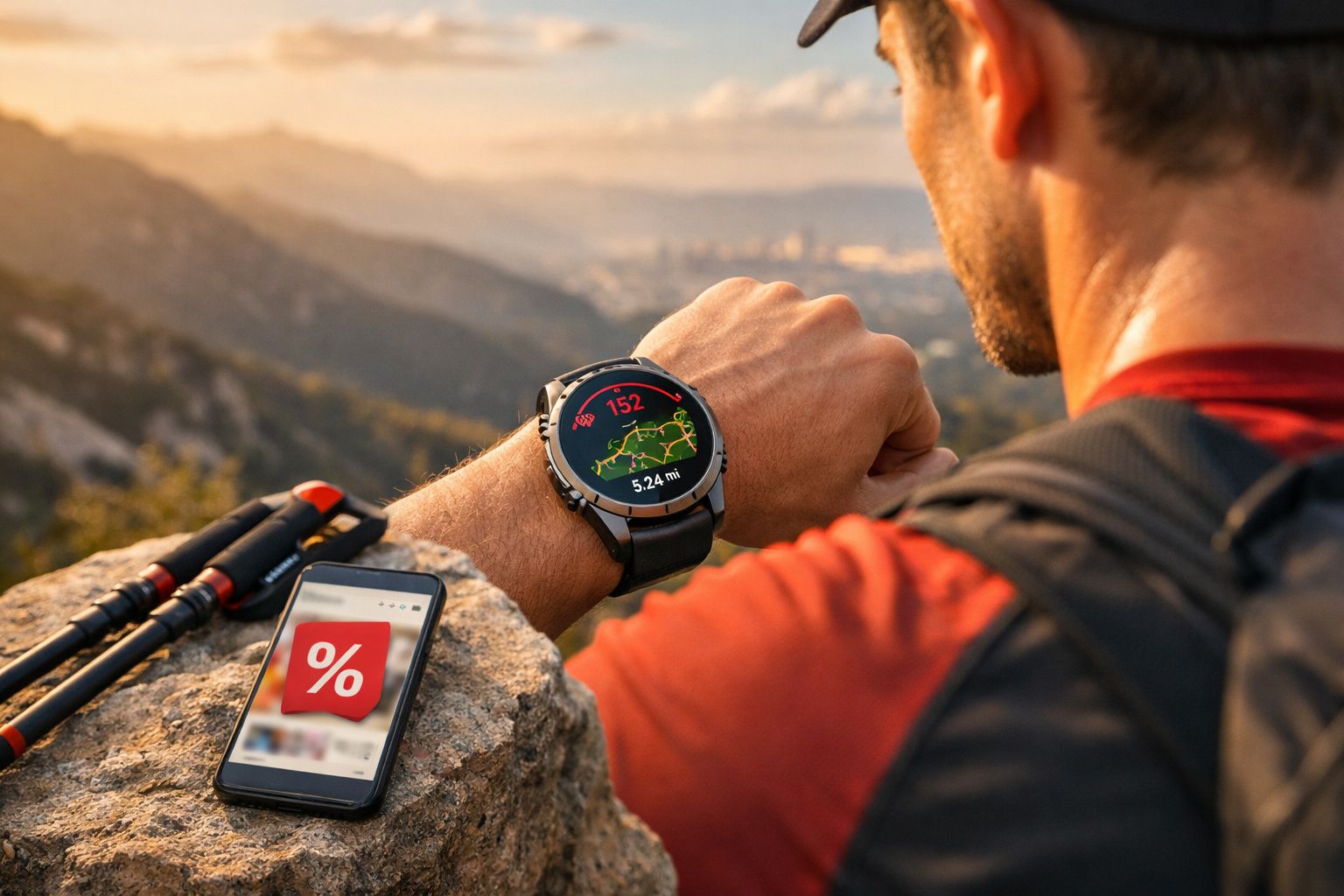 Homem a usar relógio inteligente para monitorizar atividade durante caminhada em montanha ao pôr do sol.