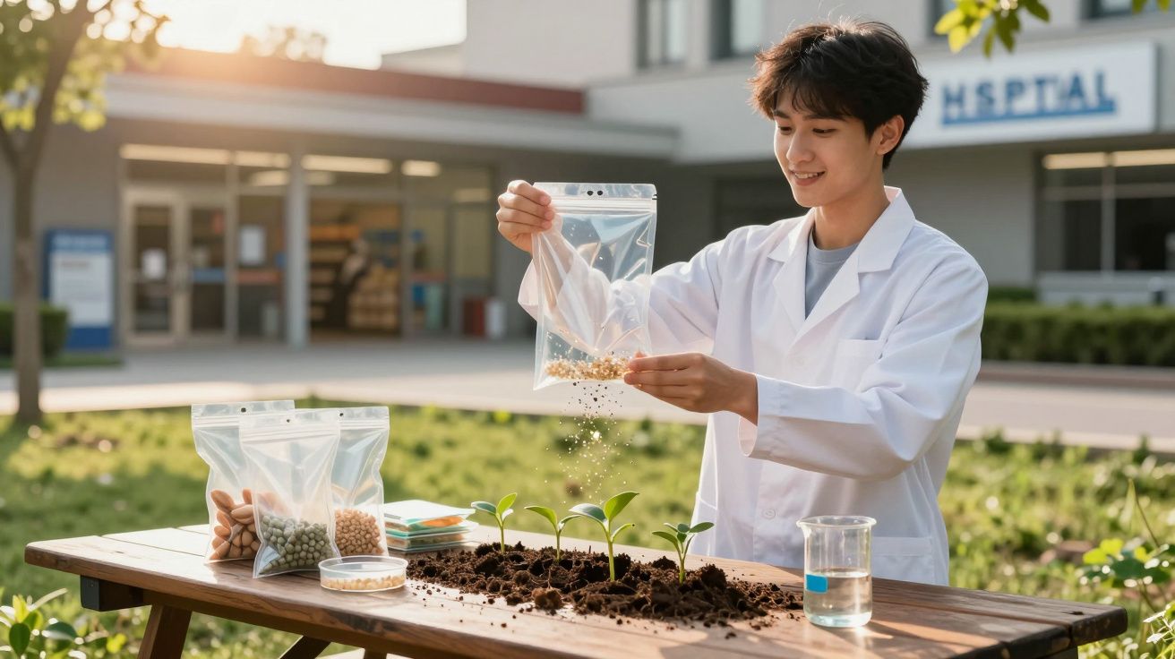 Jovem cientista em bata branca a plantar sementes em vasos com terra ao ar livre junto a um hospital.