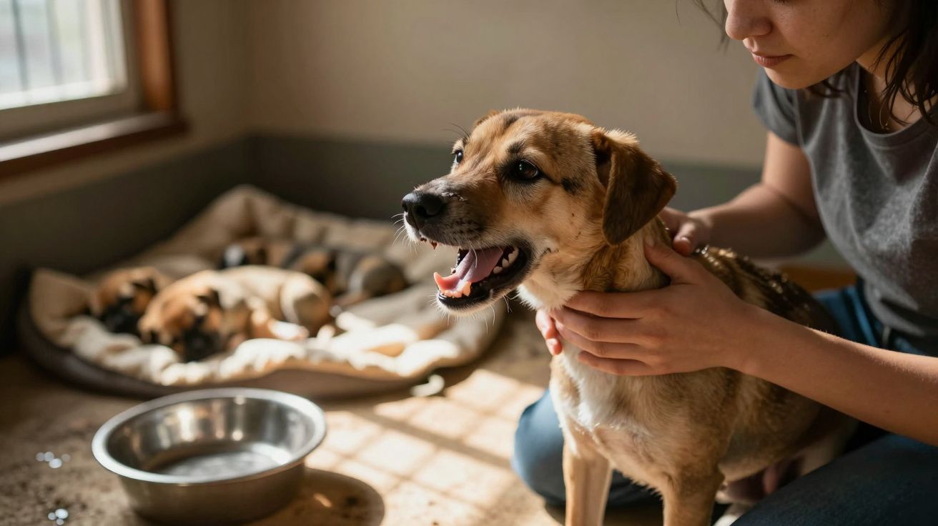 Mulher faz carinho num cão castanho claro junto a um comedouro metálico e cães a descansar numa cama.