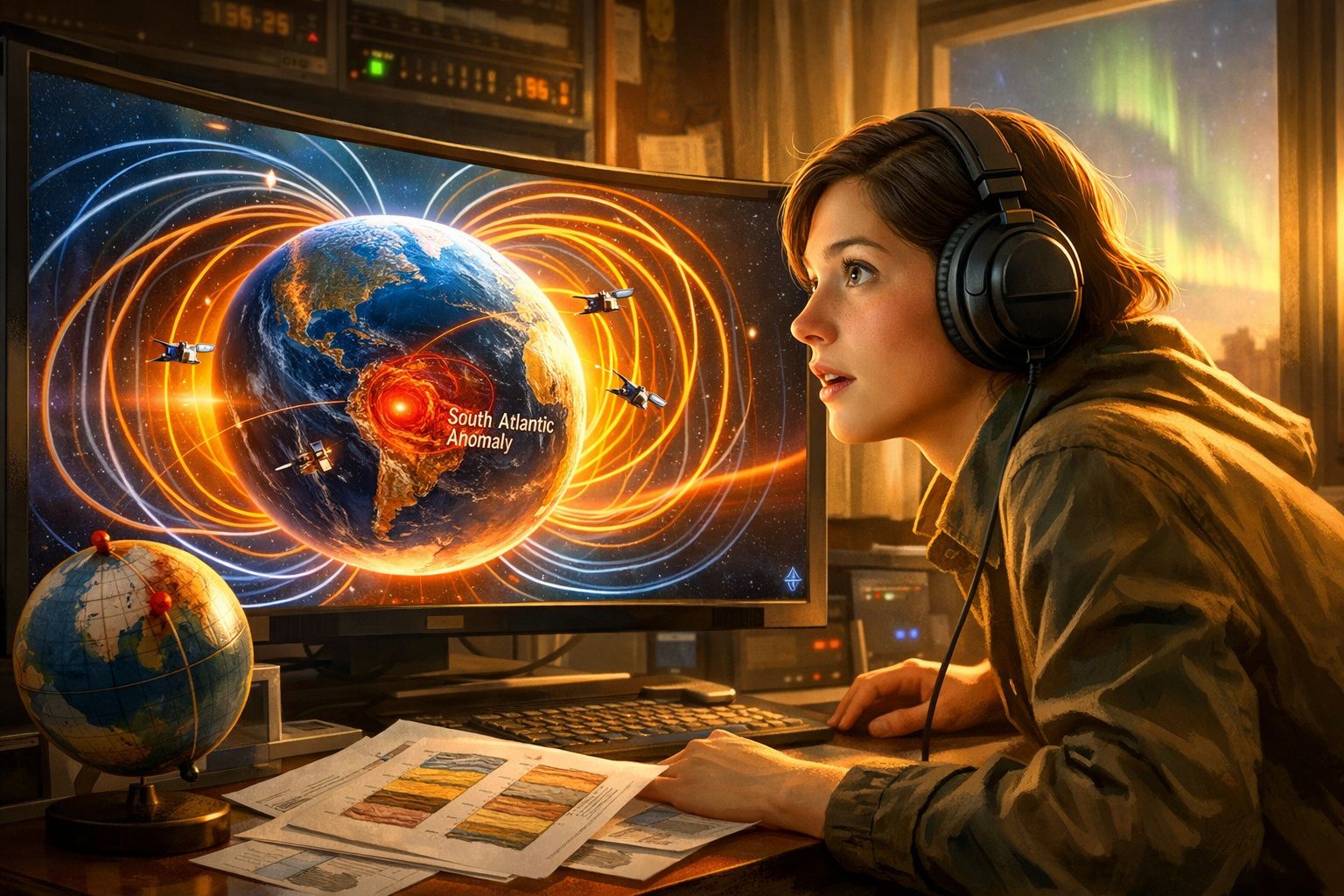 Mulher com auscultadores observa mapa digital do anomalia magnética no Atlântico Sul num ambiente de trabalho.