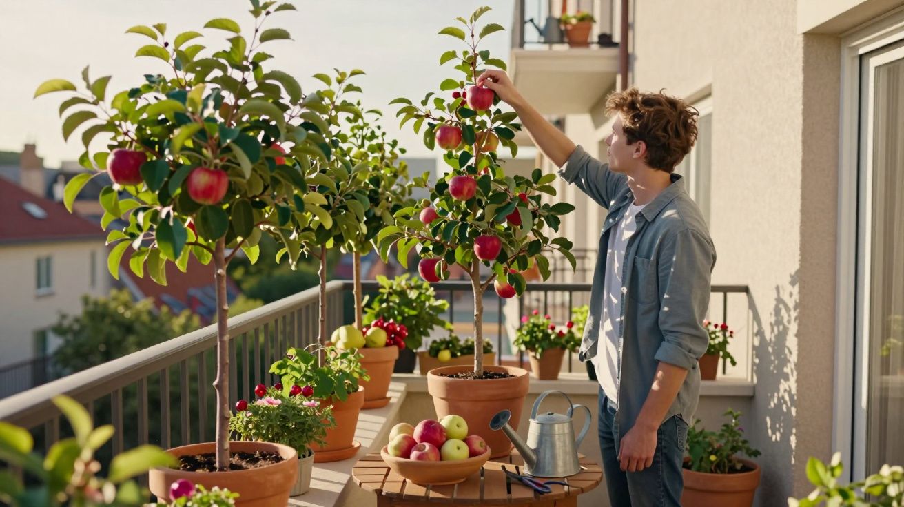 Homem colhe maçãs de árvores em vasos num varandim urbano com várias plantas e ferramentas de jardinagem.