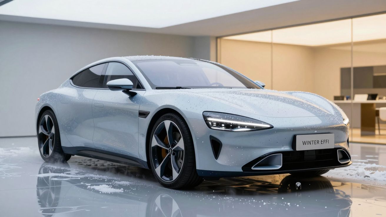 Carro desportivo eléctrico cinza claro estacionado em ambiente interior moderno com piso refletor e gotas de água.