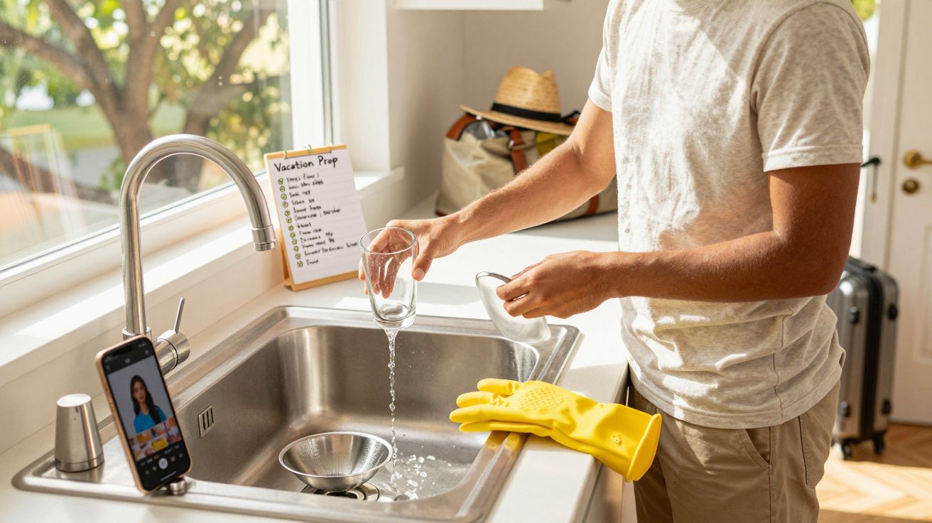 Pessoa a lavar um copo na cozinha com luva amarela ao lado e lista de preparação de férias na bancada.