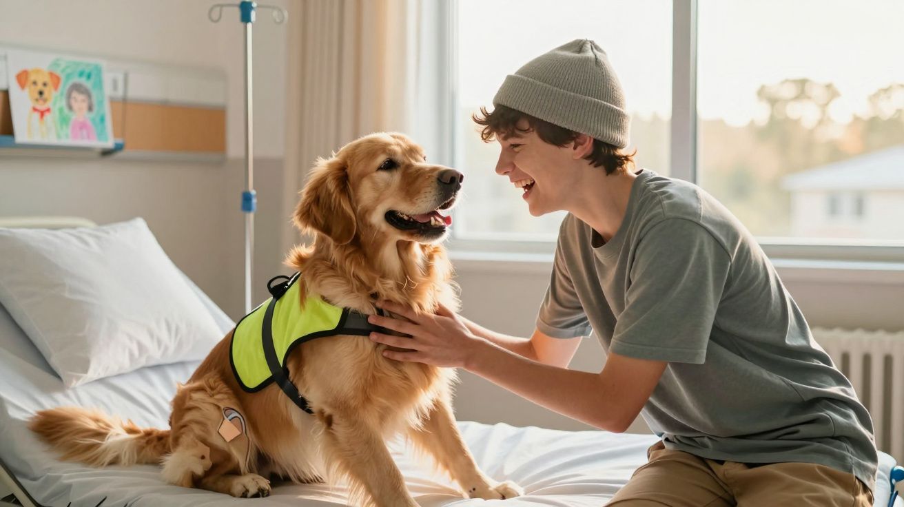 Rapaz sorridente toca um cão de assistência com colete sentado numa cama de hospital.