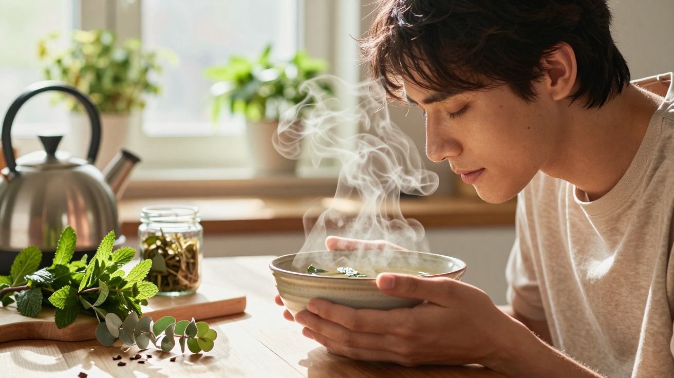 Homem cheira vapor de infusiona de ervas numa tigela, com plantas e chaleira ao fundo numa cozinha iluminada.