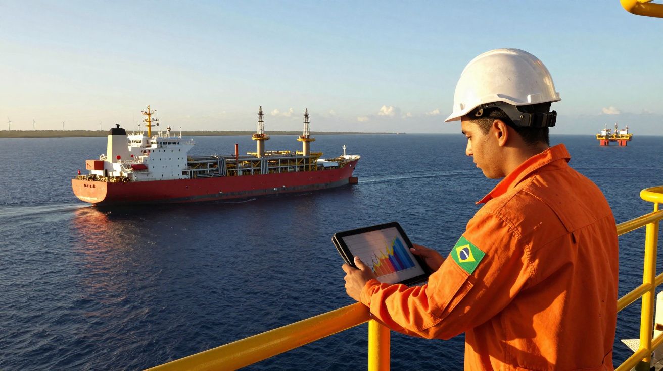 Trabalhador com capacete e fato laranja observa gráficos numa tabuleiro numa plataforma marítima com navio e plataforma ao fu