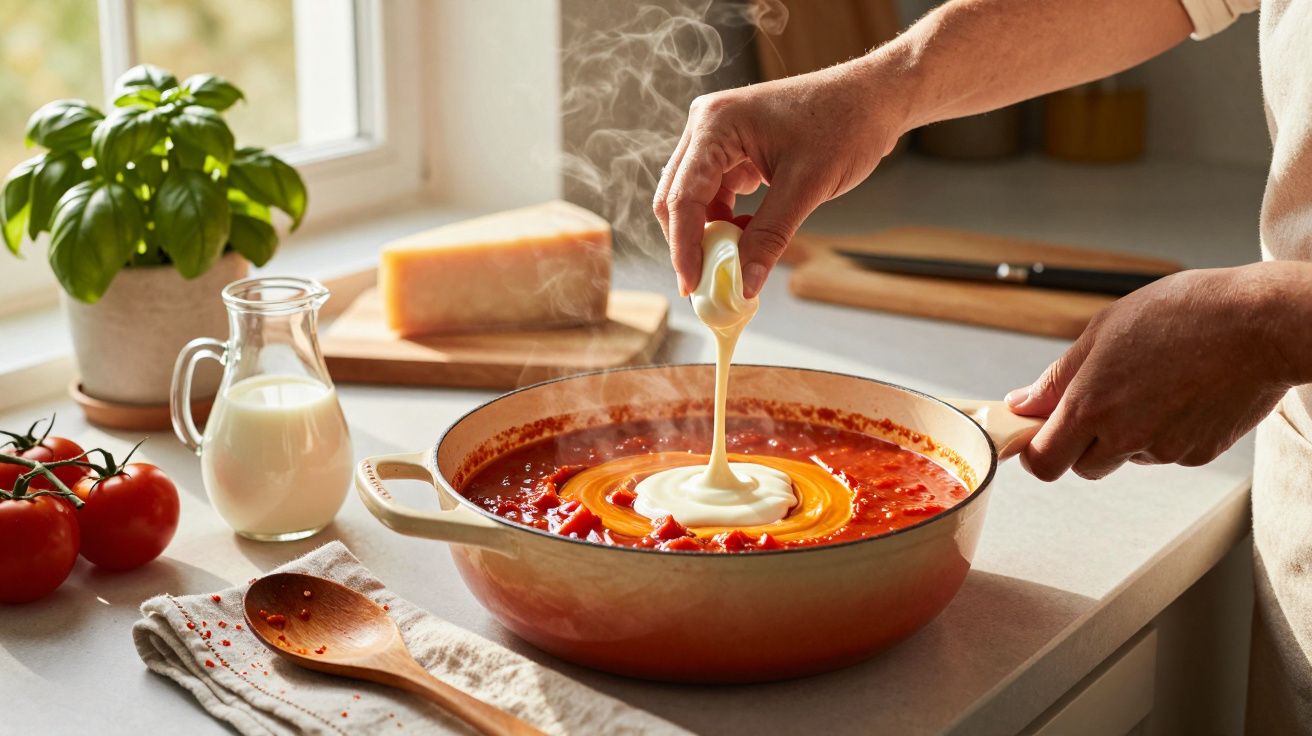 Mãos a verter natas numa panela com molho de tomate quente numa cozinha iluminada natural.