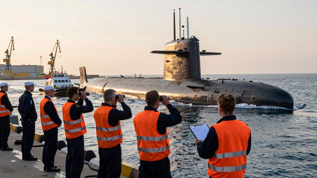 Militares com coletes refletivos observam submarino a chegar ao porto numa tarde calma.