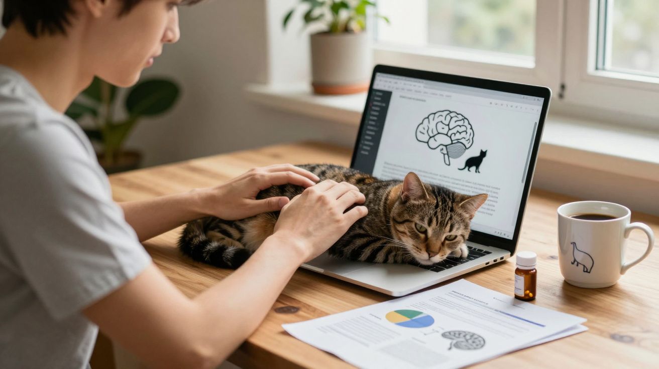 Pessoa a acariciar gato que está deitado em computador portátil numa mesa com documentos e chávena.