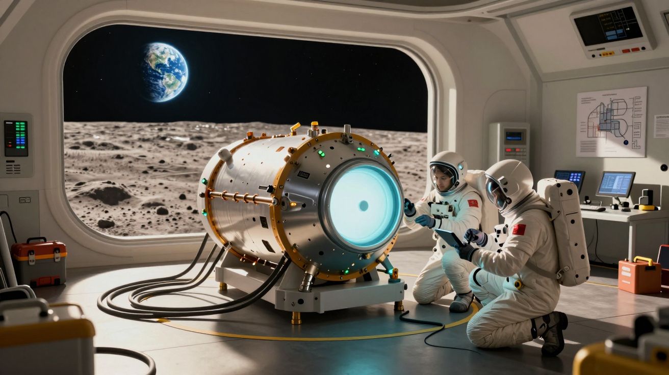 Dois astronautas em um laboratório lunar com equipamento tecnológico e vista para a Terra ao fundo.