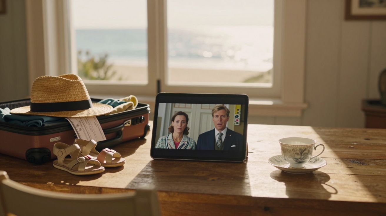 Mesa de madeira com malas, chapéu, sandálias, chávena de chá e tablet a reproduzir um casal numa videochamada.
