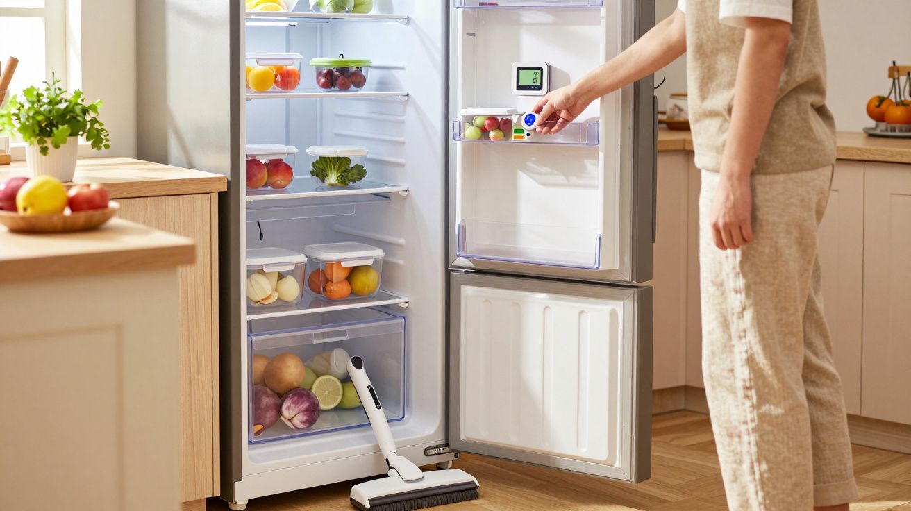 Pessoa a guardar aspirador robô dentro do frigorífico aberto numa cozinha moderna.