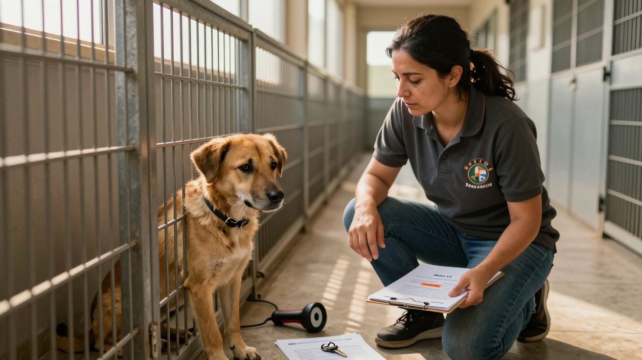 Funcionária de abrigo conversa com cão dentro de canil enquanto segura prancheta.
