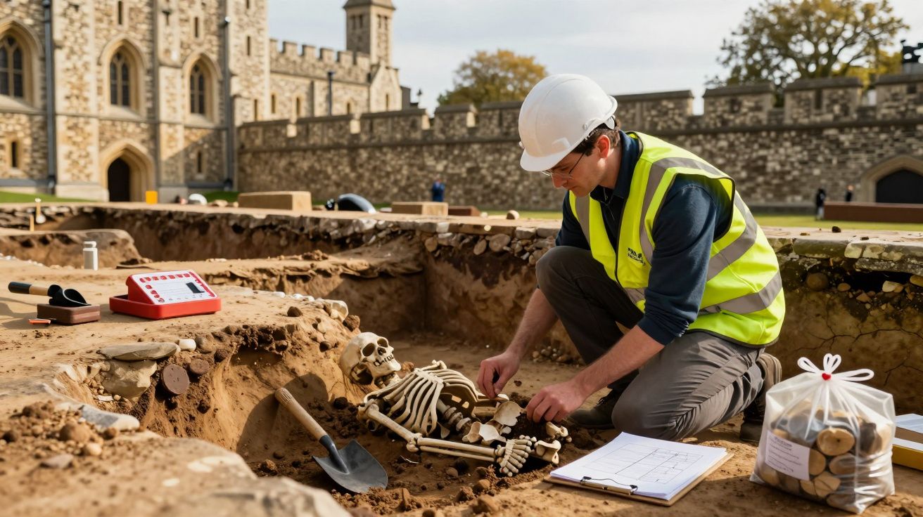 Arqueólogo em colete e capacete escava e examina um esqueleto humano numa escavação histórica.