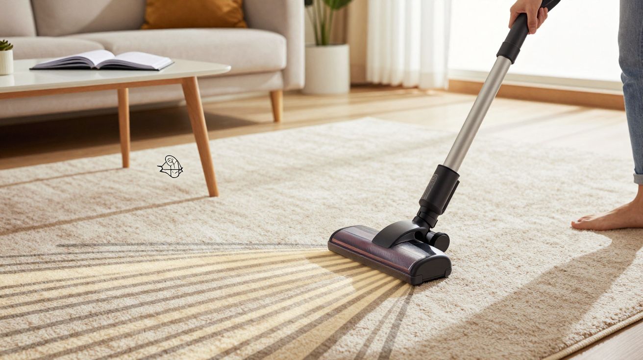 Pessoa a aspirar tapete claro numa sala com sofá, mesa de centro e planta decorativa.