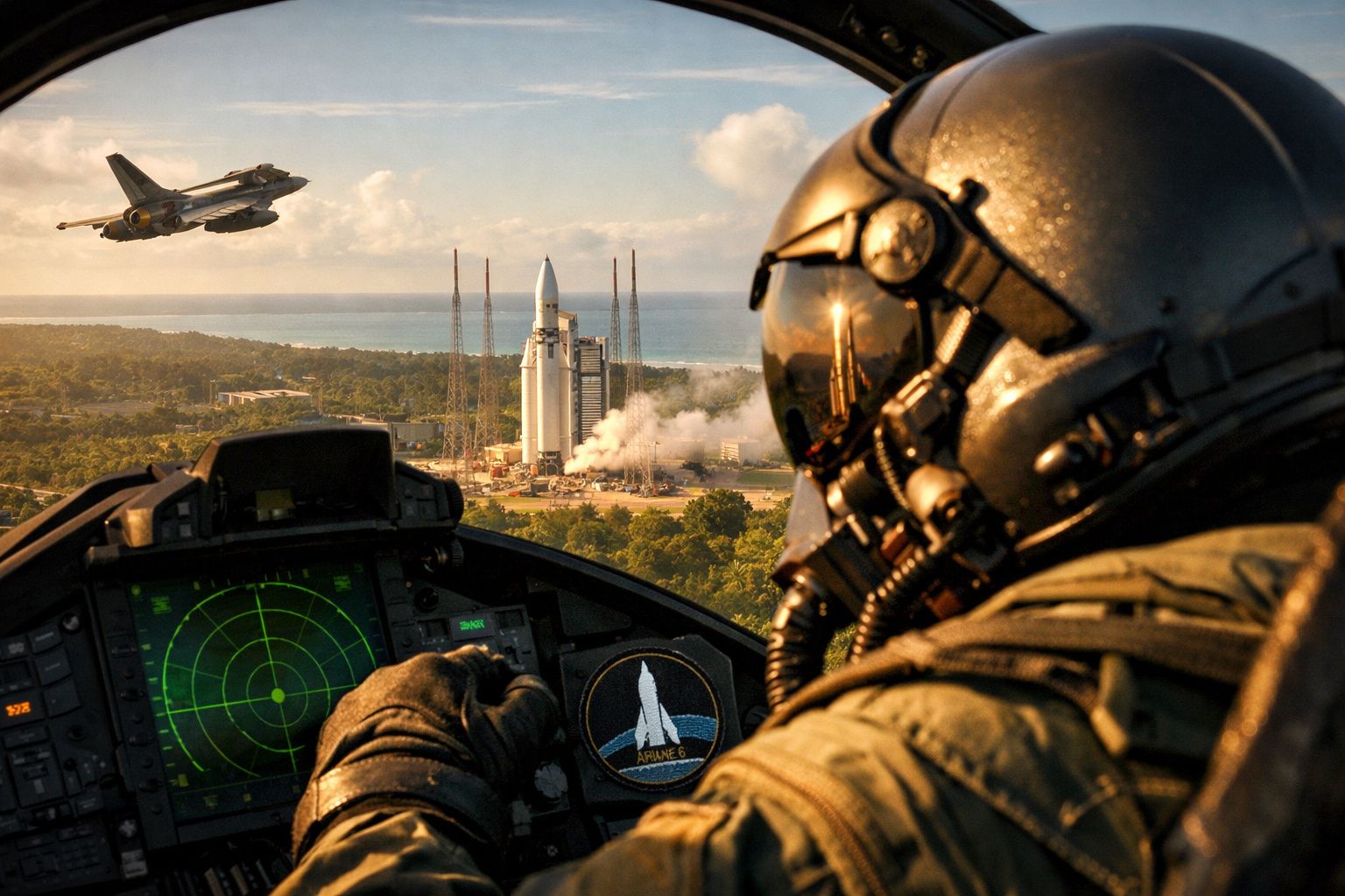 Aviador de caça observa lançamento de foguetão Ariane 6 com outro avião a sobrevoar.