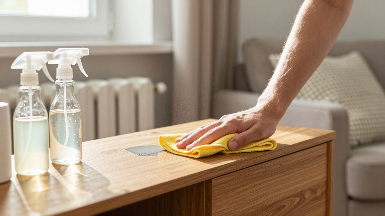 Pessoa a limpar móvel de madeira com pano amarelo e produtos de limpeza em spray numa sala iluminada.