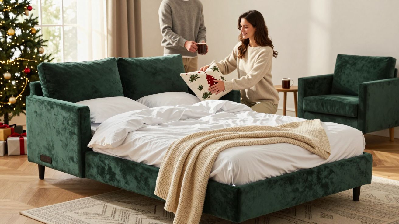 Casal arrumando almofada em cama verde escura em sala decorada com árvore de Natal.