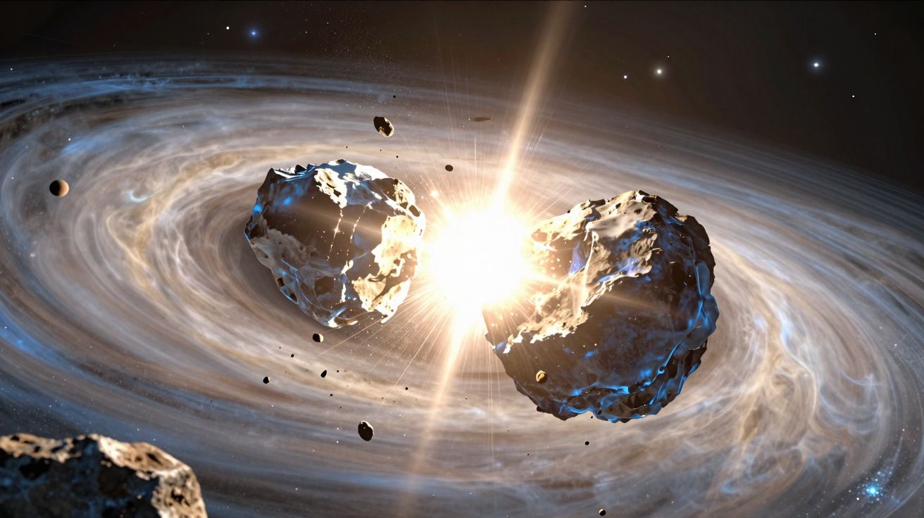 Colisão de dois grandes asteroides no espaço, com disco de poeira e estrelas ao fundo.