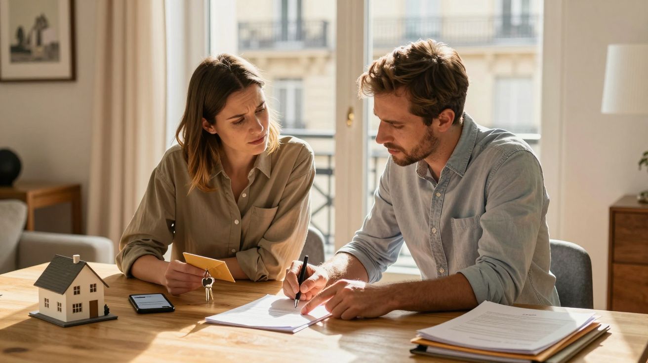Casal sentado à mesa assinando documentos de compra de casa, com chaves e maquete da casa sobre a mesa.